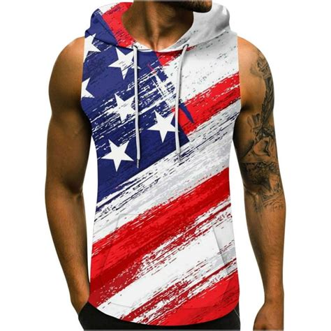 Tmoyzq Mens 4th Of July American Flag Sleeveless Drawstring Hooded Tank Tops Independence Day