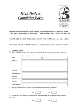 Fillable Online Www1 Bridgend Gov High Hedges Complaint Form Www1