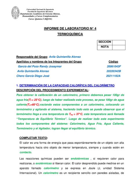 Informe De La Pr Ctica De Laboratorio Informe De