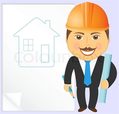 Cartoon Engineer With House Project Pencil And Ruler Stock Vector