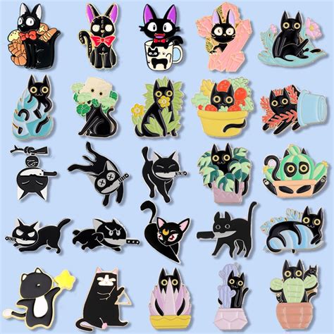 50 Styles Cartoon Black Cat Enamel Lapel Pin Magic Cat Metal Brooch