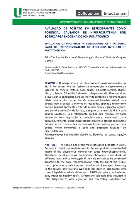 PDF AVALIAÇÃO DE FOSFATO EM REFRIGERANTES COMO POTENCIAL CAUSADOR DE