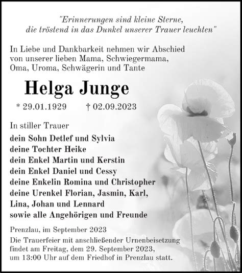 Traueranzeigen Von Helga Junge Trauer Nordkurier