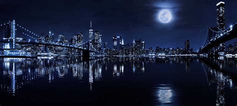 Full Moon Over Brooklyn Bridge Manhattan New York City Skyline Blue