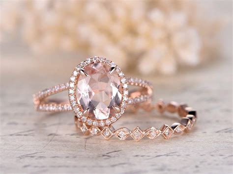 2pcs Natural Pink Morganite Engagement Ring Set6x8mm Oval Cut Pink Morganite Solid