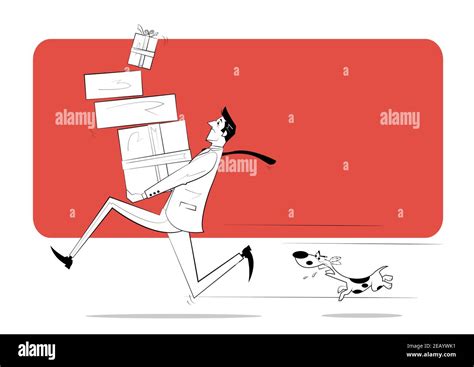 El Hombre Con Cajas De Regalos En Sus Manos Corre De Perro Enojado Imagen Vector De Stock Alamy