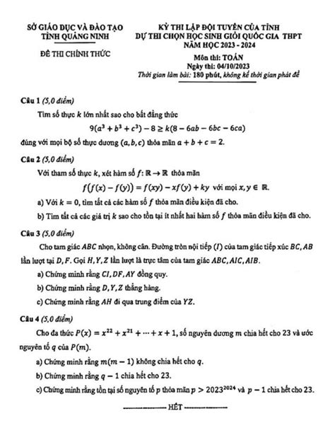 Đề chọn đội tuyển thi HSG QG môn Toán năm 2023 2024 sở GD ĐT Quảng