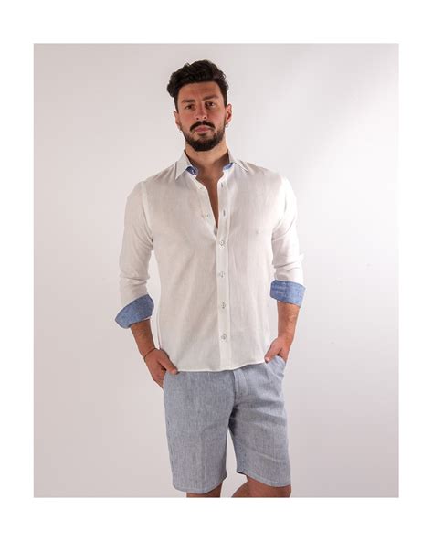 CAMICIA UOMO BIANCA CON RIPORTI JEANS 100 LINO