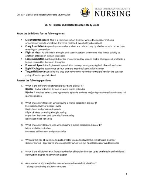 Ch Bipolar And Related Disorders Study Guide Ch Bipolar