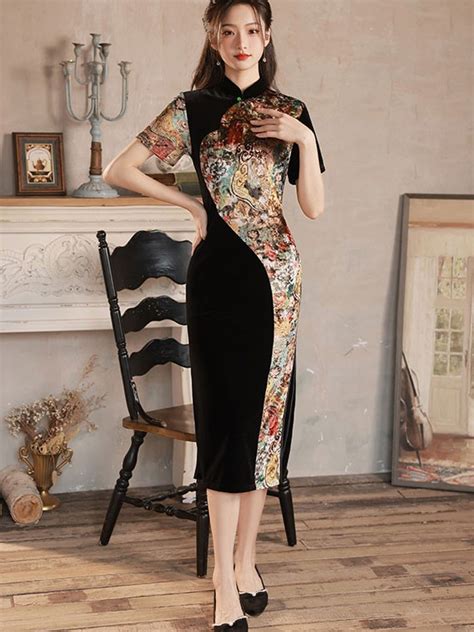 Color Block Velvet Mid Qipao Cheongsam Dress Cozyladywear