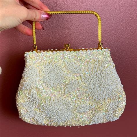 Adg Bags Adg Made In Hong Kong Fully Beaded Off White Floral