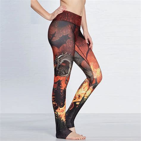 Women Flexible Dragon Painting Print Tight Pants Workout Gym Training ...