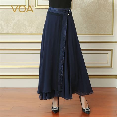 Voa 2018 Spring Summer Navy Blue Plus Size Loose Women Maxi Long Pleated Skirt Silk Georgette