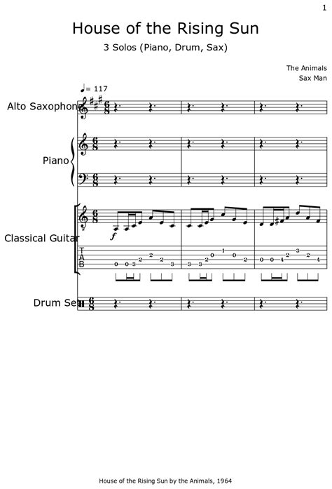 House Of The Rising Sun Sheet Music For Alto Saxophone Piano Classical Guitar Drum Set