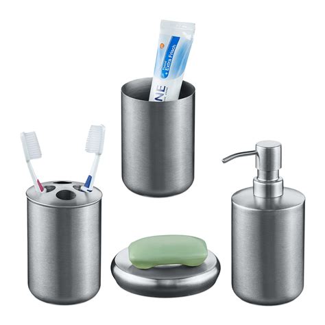 Relaxdays Set Bagno Accessori In Acciaio Inox Spazzolato Porta