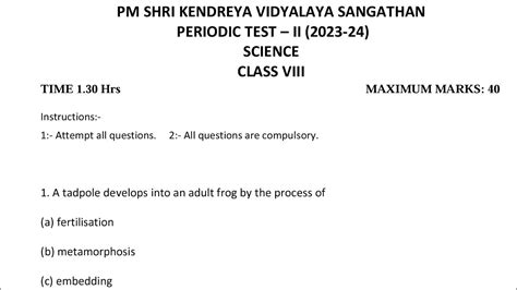 Class Science Pt Exam Qestion Paper Kv Cbse Periodic Test