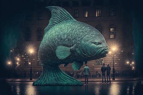 Uma grande estátua de peixe pessoas de pé ao redor dela Foto Premium