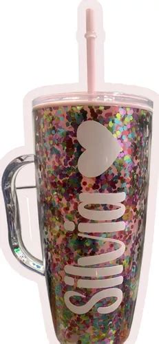 24 Vasos Glitter Personalizado Con Asa Y Popote Meses sin interés