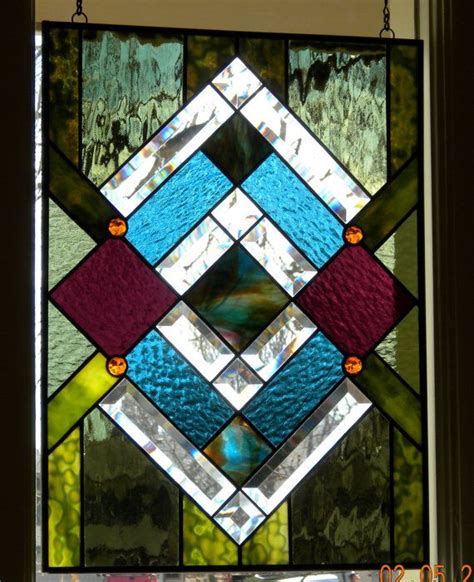 Geometric Handmade Stained Glass Window Panel By Amberglassstudio 250