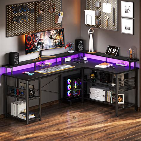 Reversible 59 inch L Shaped Computer Desk with LED Lights & Power ...