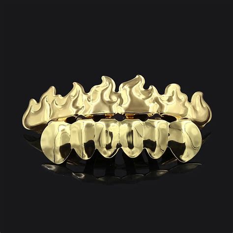 Gold Hip Hop Grillz Teeth Caps Top Bottom Flame Grills Dental Mouth