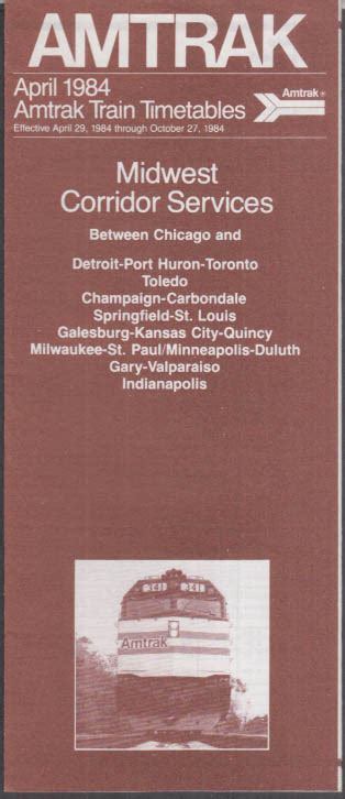 Amtrak Railroad Timetable 4 1984 Midwest Corridor Services Chicago-Indianapolis