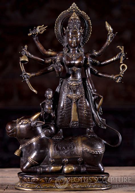 Brass Statue Of Hindu Goddess Durga With 8 Arms Standing On Buffalo