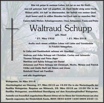 Traueranzeigen Von Waltraud Schupp Schwaebische De Trauerportal