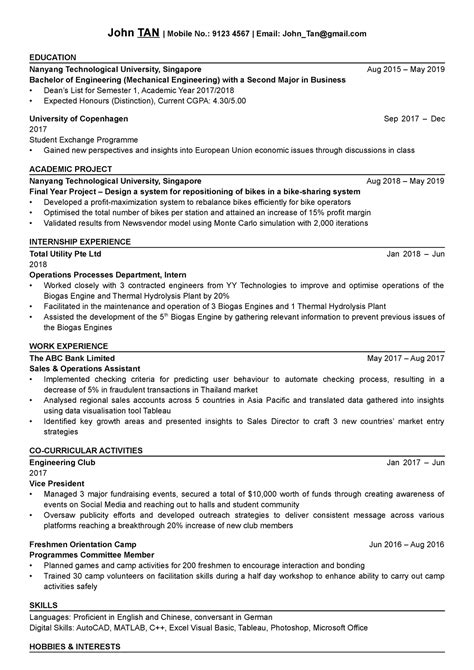 Ntu Ml0003 Resume Template John Tan Mobile No 9123 4567 Email