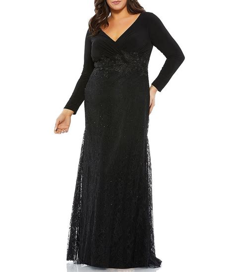 Mac Duggal Plus Size Lace Surplice V Neck Long Sleeve Mermaid Gown