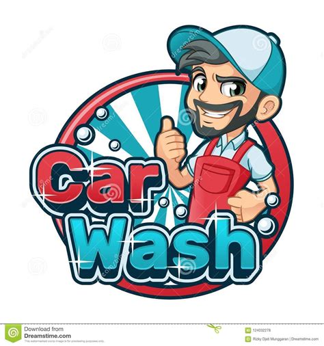 Car Wash Cartoon Logo With Man Using Car Wash Apron Stock Vector ...