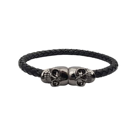 Pulseira de Couro Preto Masculina Fecho Magnético Imã Skullz