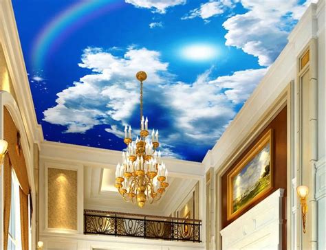 3d Ceiling Custom 3d Blue Sky White Clouds Sun Rainbow Stars Sky