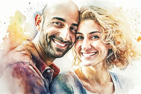 Retrato en acuarela de una pareja sonriente creado con tecnología de