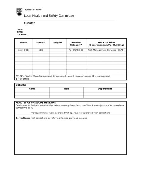 Local Health And Safety Committee Meeting Minutes Template