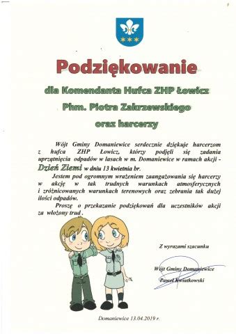 Podziękowania dla Komendanta Hufca ZHP Łowicz phm Piotra Zakrzewskiego