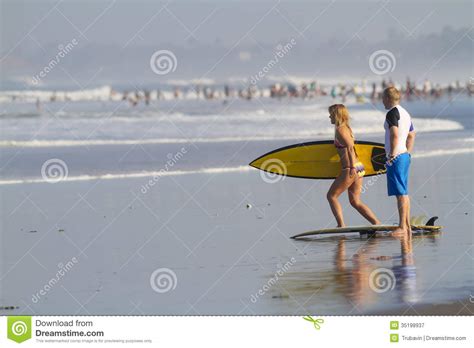 Lovely Couple With Surfboards On Beach Stock Image Image Of