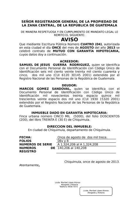 Aviso Mutuo Con Garantia Hipotecaria Se Or Registrador General De La