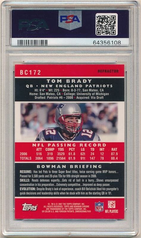 TOM BRADY 2007 BOWMAN CHROME 172 REFRACTOR NEW ENGLAND PATRIOTS SP PSA