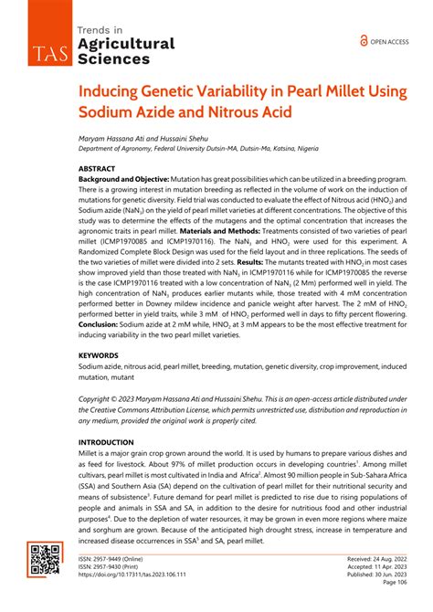 PDF Inducing Genetic Variability In Pearl Millet Using Sodium Azide