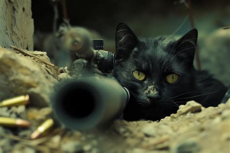 Premium Photo | A black cat lying next to a sniper rifle