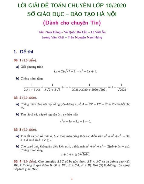 Đề Thi Môn Toán Vào 10 Chuyên Tin Tp Hà Nội 2020 2021 Có đáp án Abcd Online