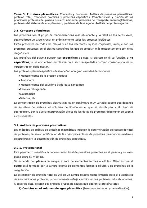 TEMA 3 Proteinas plasmaticas Tema 3 Proteínas plasmáticas Concepto