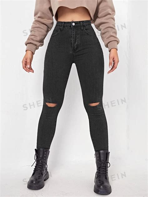 Shein Ezwear High Waisted Ripped Skinny Jeans Shein Usa