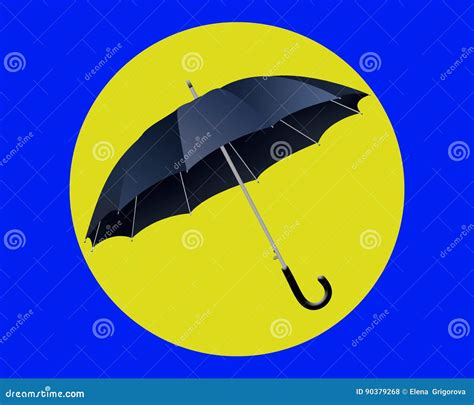 Black Umbrella On A Yellow Background Flat Icon With Umbrella Stock