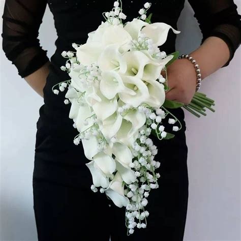 Waterfall Bridal Bouquet With White Lillies White Silk Flowers Lilly