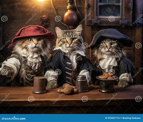 Cats Wearing Pirate Clothes Are Sitting In An Old Tavern Stock