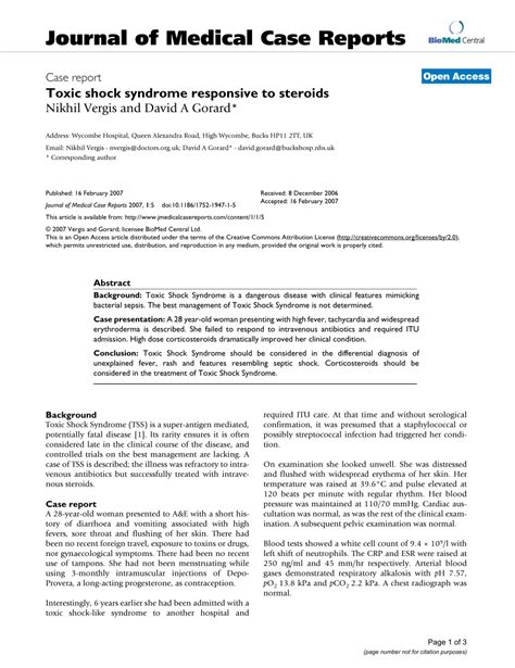 Pdf Toxic Shock Syndrome Responsive To Steroids