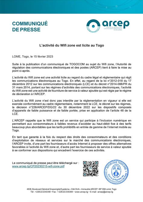 ARCEP TOGO on Twitter L ACTIVITÉ DU WIFI ZONE EST LICITE AU TOGO Lire