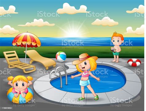 Beach Landscape With Children By The Mini Swimming Pool Stock